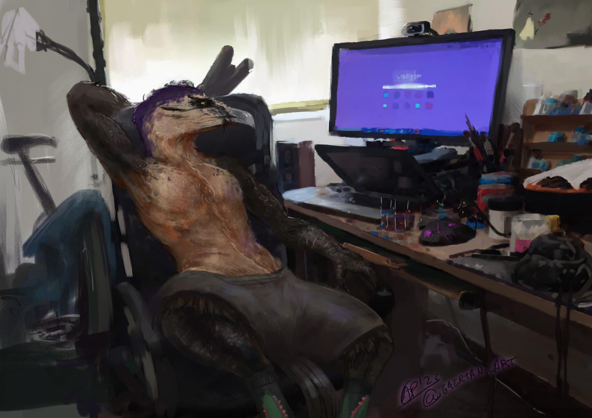 An anthropomorphic vulture bird wearing only some grey shorts is relaxing in a gaming chair while the arms are hanging over the top of the chair to the back. It is looking onto a desktop screen on a quite crowded table showing some icons and a search bar with a violet background. On the table is a half closed lapop and a lot of drawing gear like colors, brushes, palettes. In the background the light comes through a big window behind a curtain and some sports/training bike on the left.